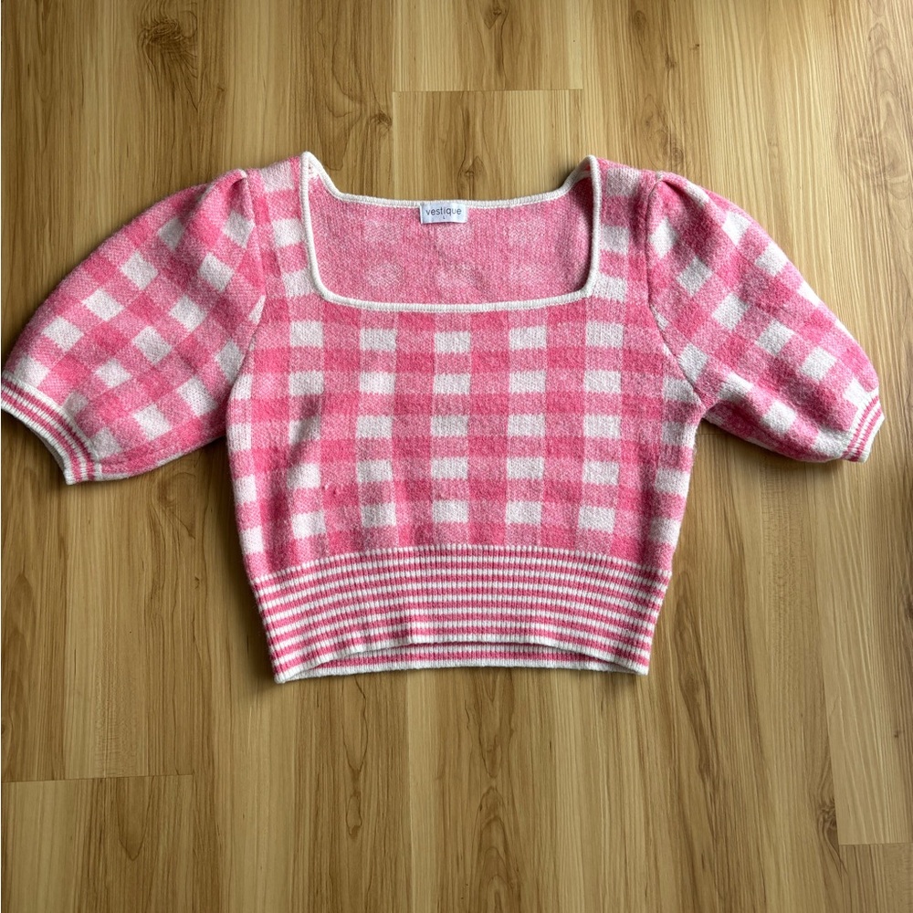 Vestique Cropped Square Neck Pink and White Puff Sleeve Top